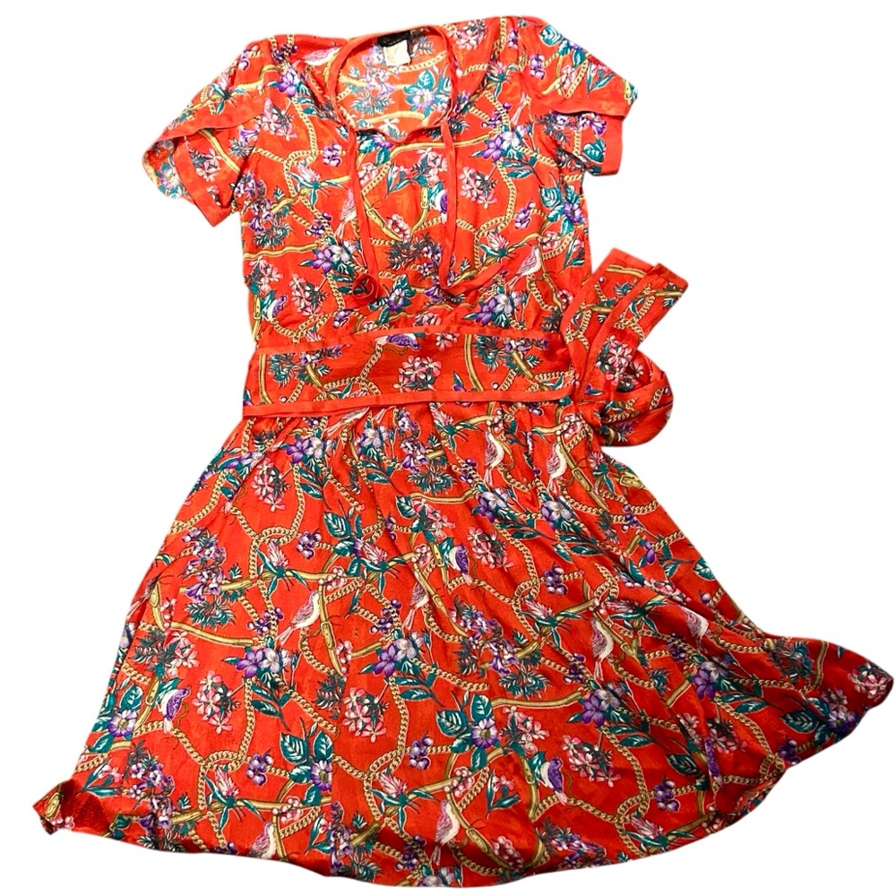 80s Vintage Diane Freis Red Multicolored Floral Chain Print Georgette Skirt Set